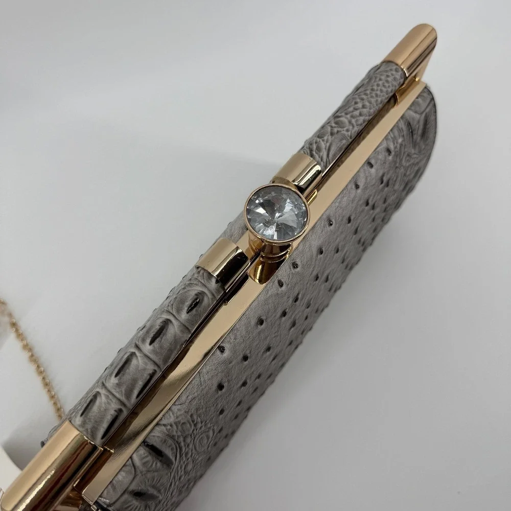 Le Miel Vegan Leather Ostrich Croc Embossed Frame Clutch Crystal Clasp Gray NWT